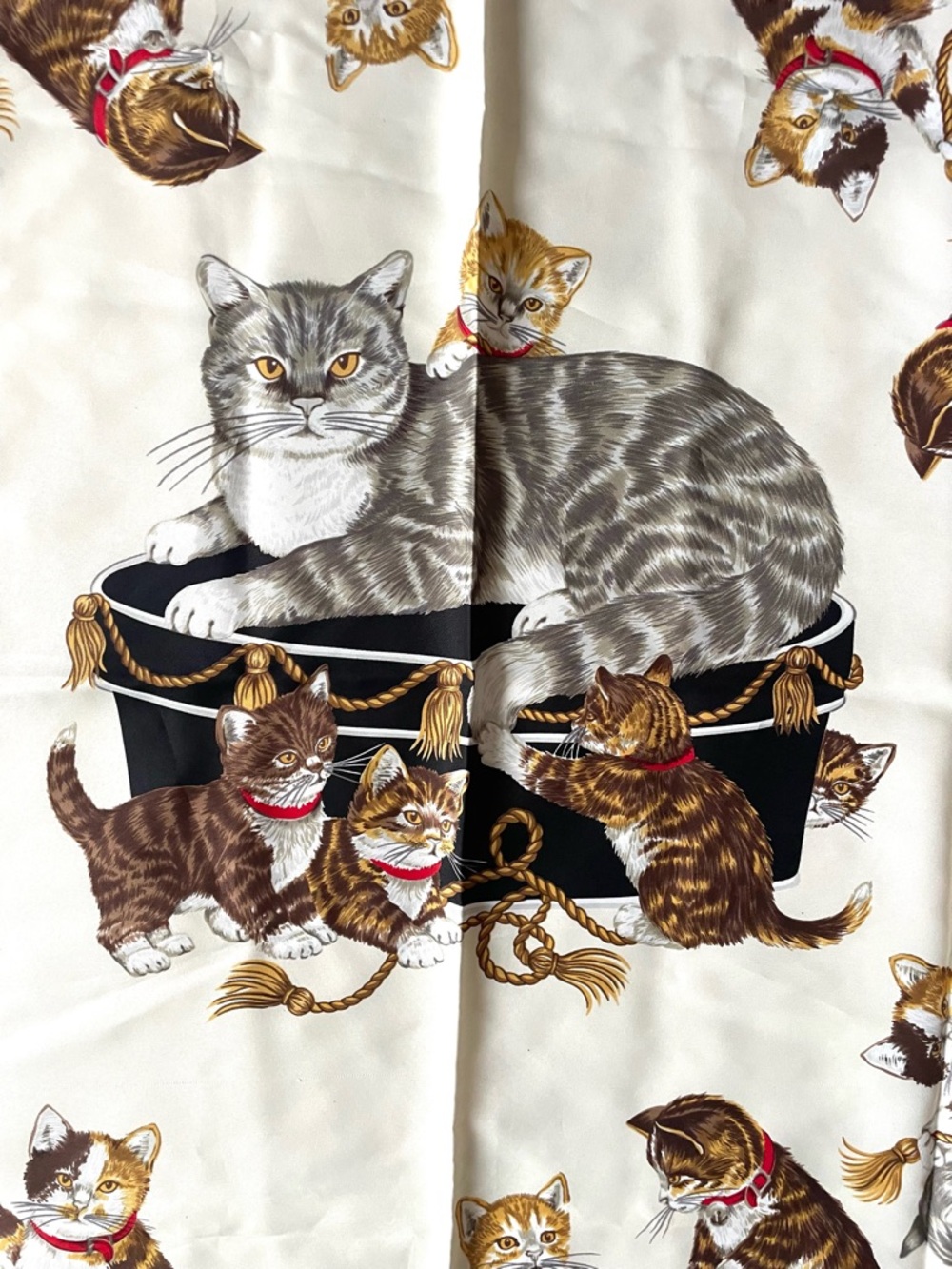 Cat Print Silk Style Scarf Neutral  Kitten Square Designer-Inspired Pet Scarf - Picture 4 of 5